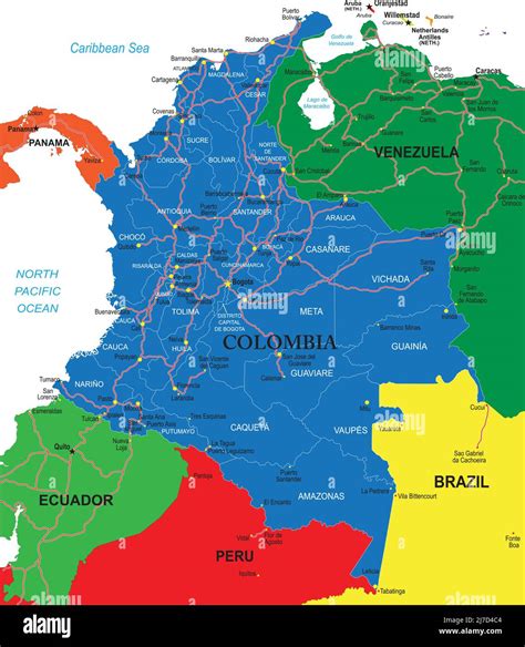colombia highly detailed vector map with administrative regions main cities and roads stock