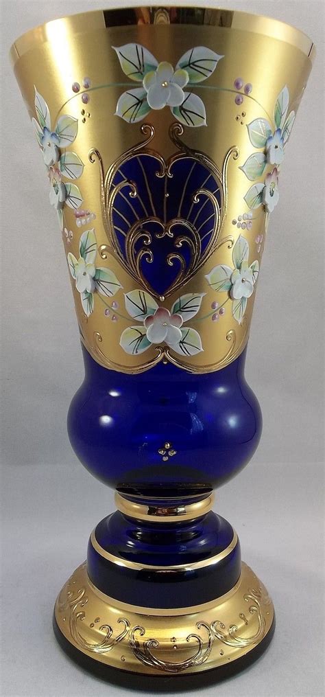 Cobalt Blue Hand Painted Bohemian Vase Art Glass Gold Floral Czech