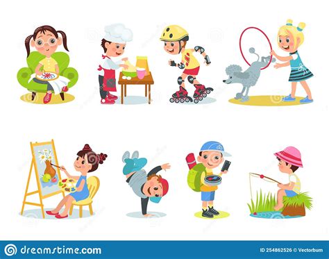 Children Hobbies Cartoon Kids Characters With Different Interests