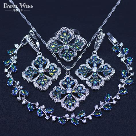 Mystic Rainbow Fire Cubic Zirconia Jewelry Sets Women Silver Color