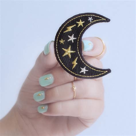 Moon Patch Iron On Embroidered Applique Black Metallic Etsy