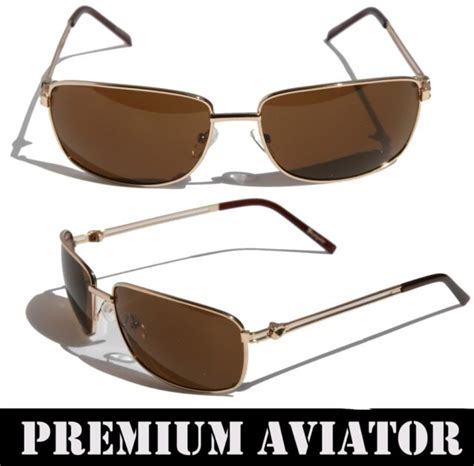 Mens Premium Rectangle Aviator Sunglasses Brown Lens Gold Metal Frame