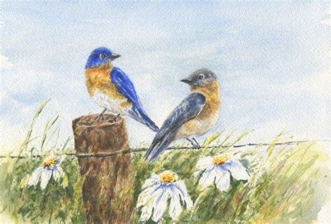 Bluebirds Watercolor Print Or Original Of Two Bluebirds On A Fence In