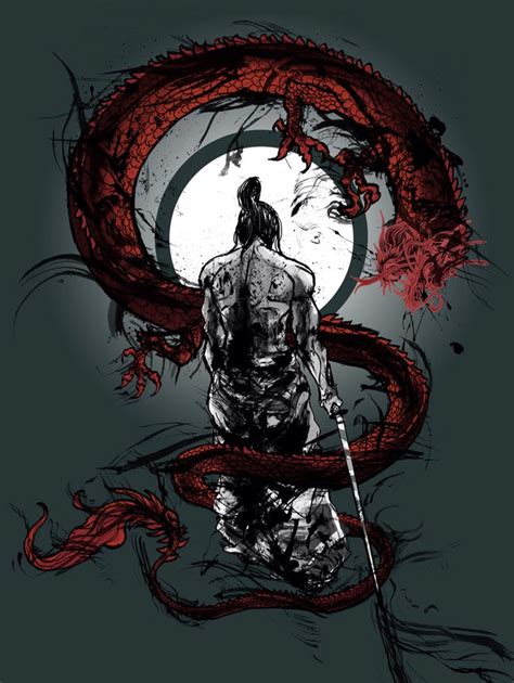 Illustration samouraï homme noir et blanc torse nu avec dragon rouge