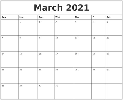 March 2021 Large Printable Calendar
