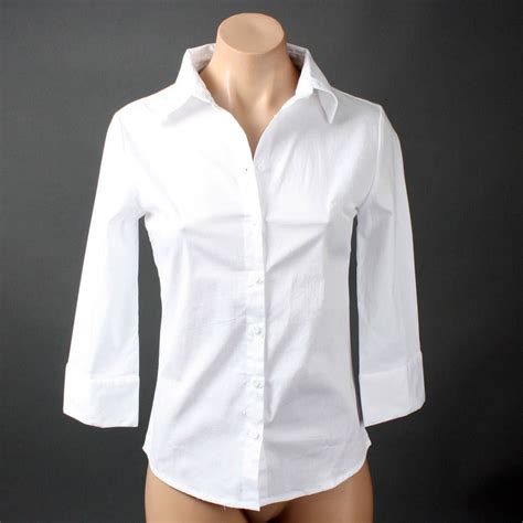 Women White Oxford Career Office 34 Sleeve Button Down Collar Shirt