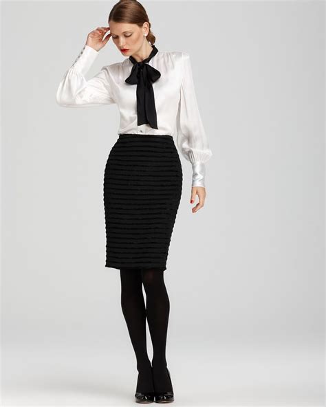 black pencil skirt white satin blouse black tights and black high heels over 50 my style