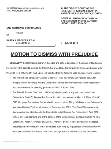 Motion To Dismiss With Prejudice Pdf Federal Rules Of Civil