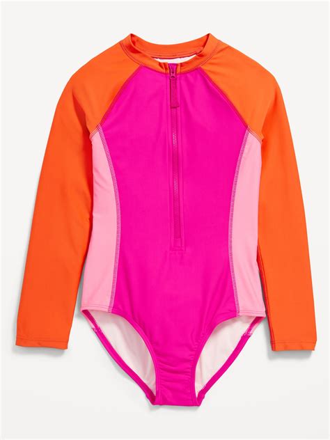 Color Block Zip Front Rashguard One Piece Swimsuit For Girls Old Navy