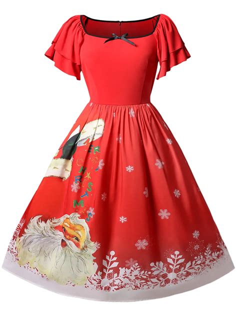 Wipalo Vintage Dress Christmas Plus Size Santa Claus Printed Dress Women Robe Swing Pinup