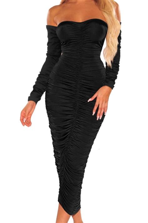 Homelex Ruched Bodycon Dress For Women Retro Long Sleeve Ruched Wrap Party Pencil Dress