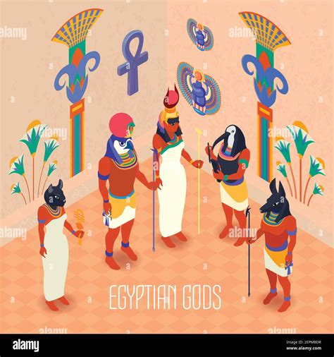 egyptian ancient gods and goddesses in colorful masks isometric 3d vector illustration stock