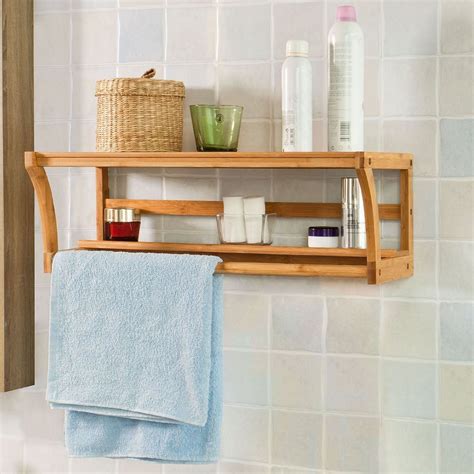 Bathroom Wall Mounted Bamboo Wood Shelf Rack Towel Rail Holder Shelf Ebay