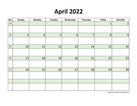 Free April 2022 Calendar Coloring On Each Day Horizontal Free