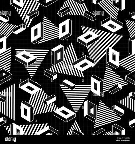 Black And White Retro Seamless Pattern With Geometric Shapes In 80s Pop