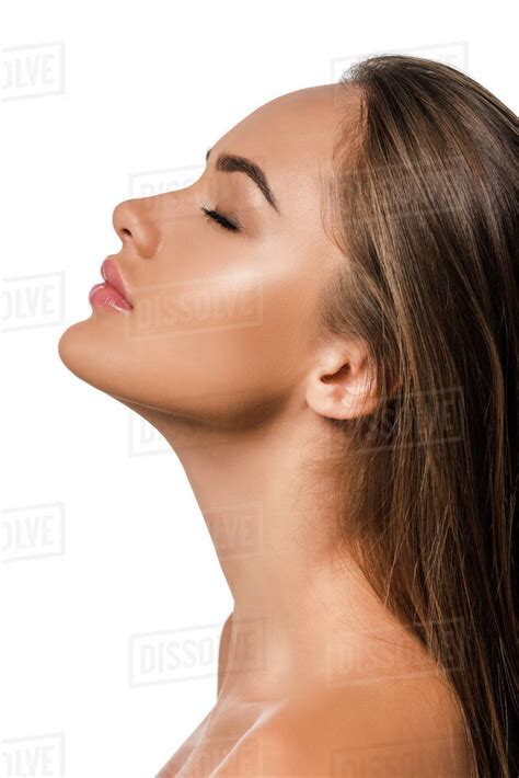 Side View Of Beautiful Woman With Closed Eyes And Long Brown Hair Isolated On White Stock