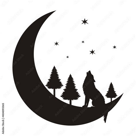 The Silhouette Of A Wolf On A Crescent Moon Sits And Howls Stock Vector