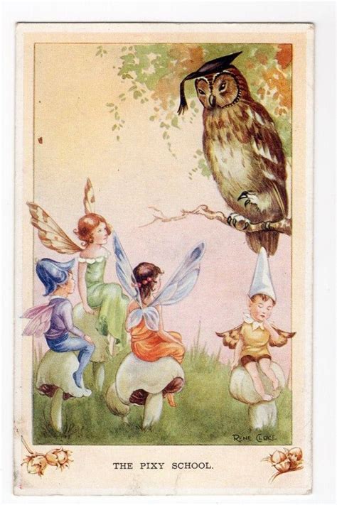 Vintage Wise Owl School Teacher Postcard Pixy Pixie School Flower