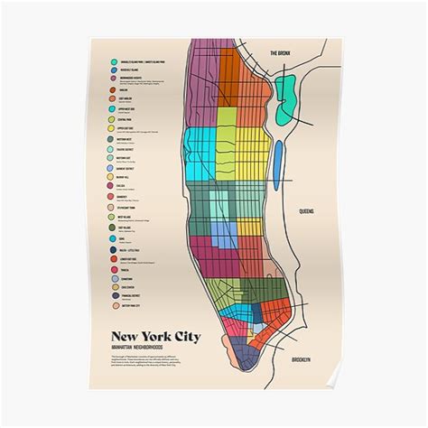 Nyc Manhattan Neighborhood Colored Map Illustration Poster For Sale