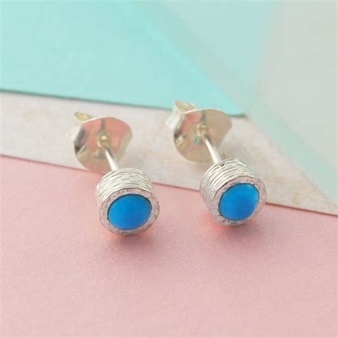 Sterling Silver Studs Round Blue Turquoise Earrings By Embers Gemstone