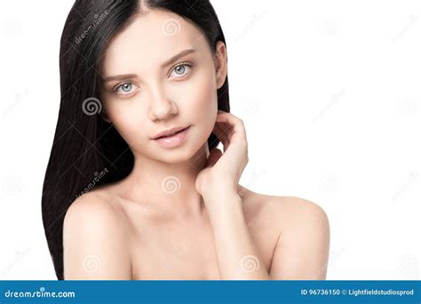 Portrait Of Attractive Naked Brunette Woman Looking At Camera Stock