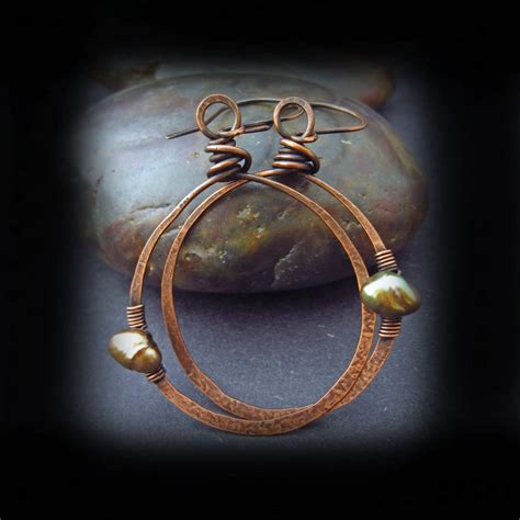 Rustic Copper Hoop Earrings Wire Wrapped Jewelry Handmade