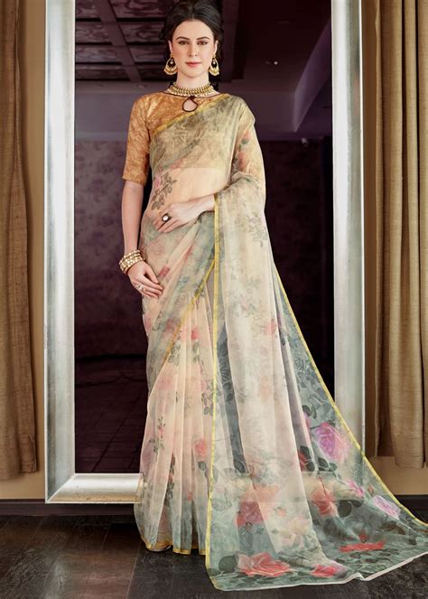 Specialty Floral Print Saree Sari Indian Organza Silk Designer Wear Party Pakistani Fancy