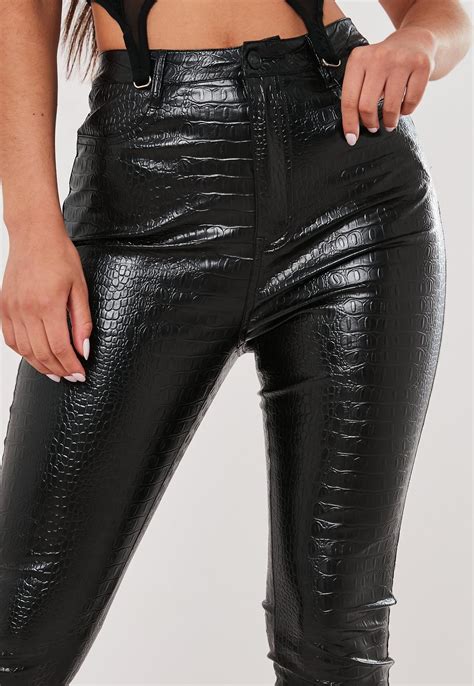 A fabric backing is covered with a bonded plastic coating. Stassie x Missguided Black Faux Leather Croc Print Pants ...