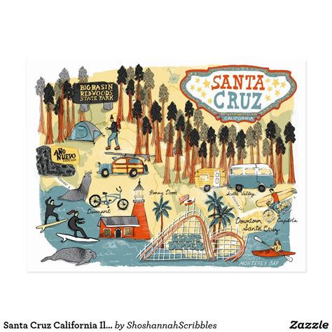 Santa Cruz California Illustrated Map Postcard In 2020