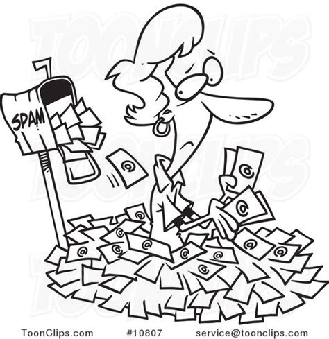 Cartoon Black And White Line Drawing Of A Lady In Spam Mail By A