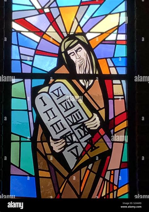 Stained Glass Image Of Moses And The Ten Commandments Stock Photo Alamy