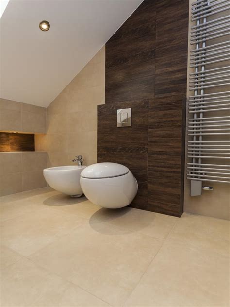 Light Cream Tile For Bathroom Floor And Wall Combined With Wood Look
