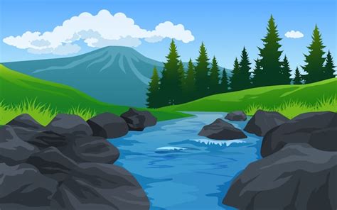 Premium Vector River And Rocks In Beautiful Countryside