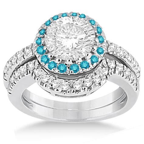 Halo Blue Diamond Engagement Ring Bridal Set 14k White Gold 051ct U1239