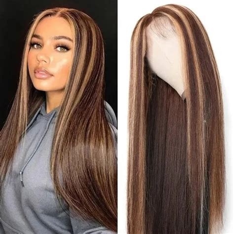 Human Hair Wigs For Women Long Straight Brown Mixed Blonde Synthetic
