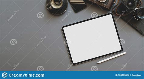 Top View Of Professional Photographer Workplace With Blank Screen