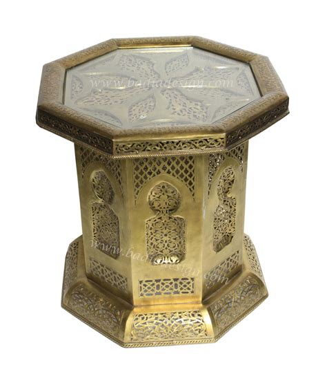 Moroccan Hand Punched Brass Side Table With Glass Top From Badia Design
