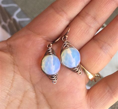 Wire Wrapped Opalite Earrings In Antiqued Copper Wire Wrapped Blue
