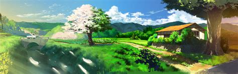 Green Trees Brown Houses And Mountains Painting Artwork Anime Hd
