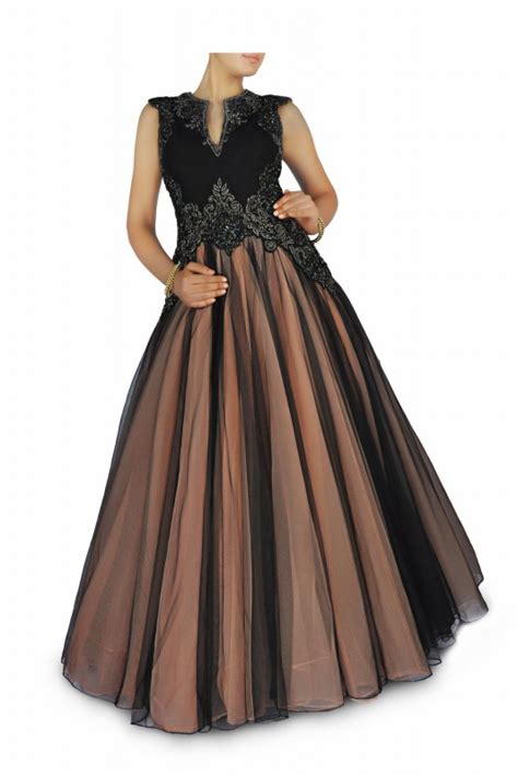 Black And Beige Embroidered Gown Runway Fashion Tailor Made Dresses