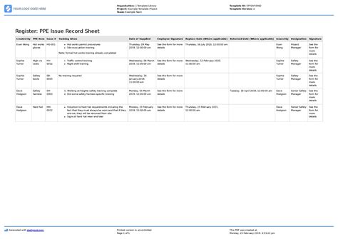 Ppe Issue Record Sheet Template Free And Customisable