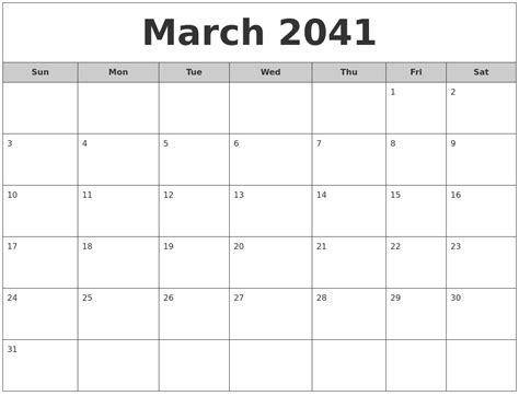 March 2041 Free Monthly Calendar