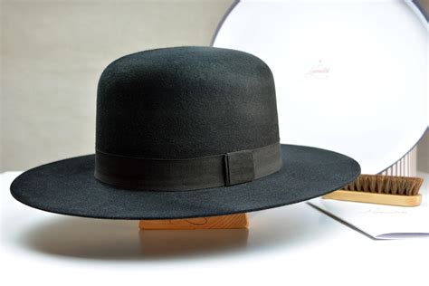 Handmade Vintage Black Wide Brim Felted Wool Fedora Statement Hat