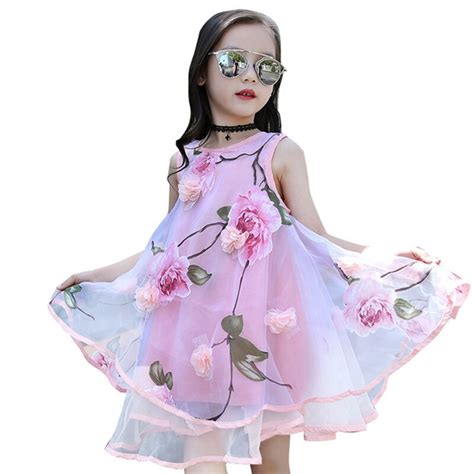 New 2018 Children Girls Kids Summer 3d Flower Sleeveless A Line Mesh