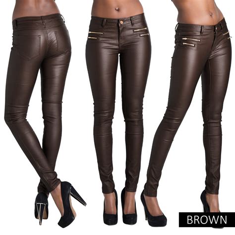 Ladies Women Leather Look Leggings Wet Look Trousers Slim Fit Jeans