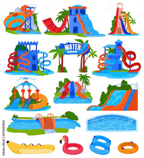 Water Amusement Park Vector Illustration Set Cartoon Flat Spiral