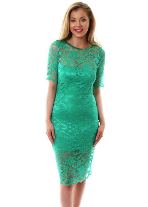 Length approx 114cm/45 (based on a sample size uk 8) Goddess London Dress | Green Lace Short Sleeved Pencil ...