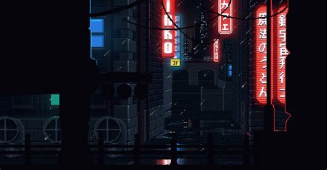 An Animated Cityscape With Neon Signs And Buildings In The Background