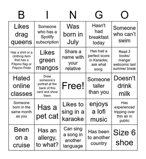 Filipino Human Bingo For Highschool Students Bingo Card