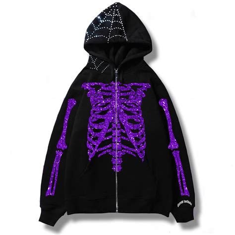 Y2k Rhinestone Skeleton Print Mens Zip Up Oversized Hooded Sweatshirt
